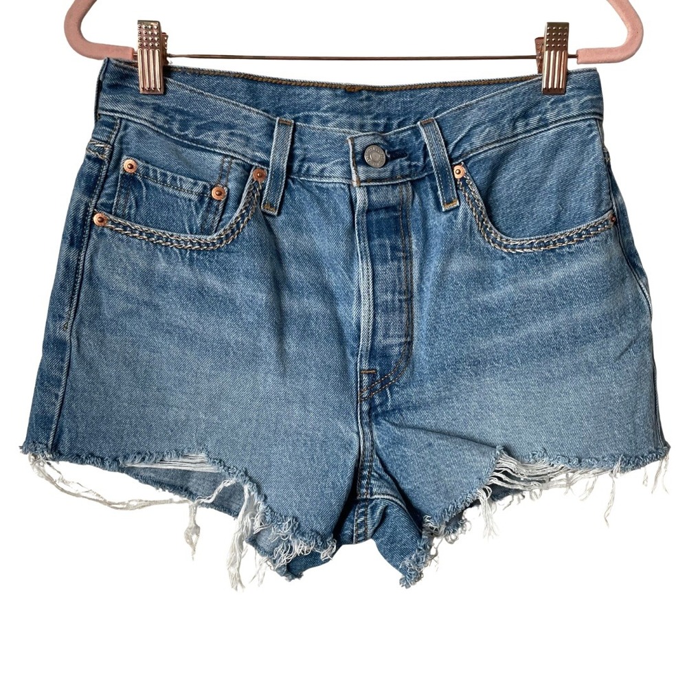 Levis Shorts Womens Size 28 Blue 501 Denim High Rise Embroidered Cut Off Western